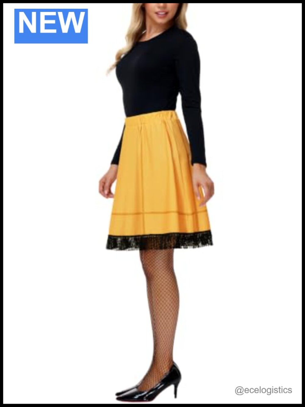 Women's Halloween Leg Lamp Costume with Fishnet Tights, Yellow Fringe Skirt
